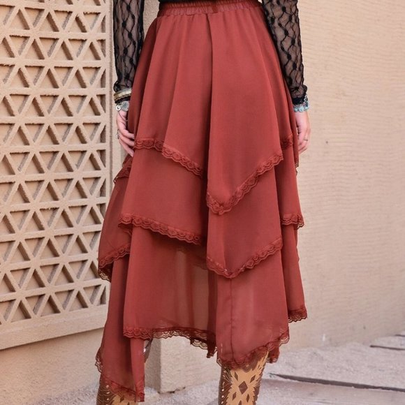 Boho Asymmetrical Hem Layer midi Skirt - Picture 3 of 5
